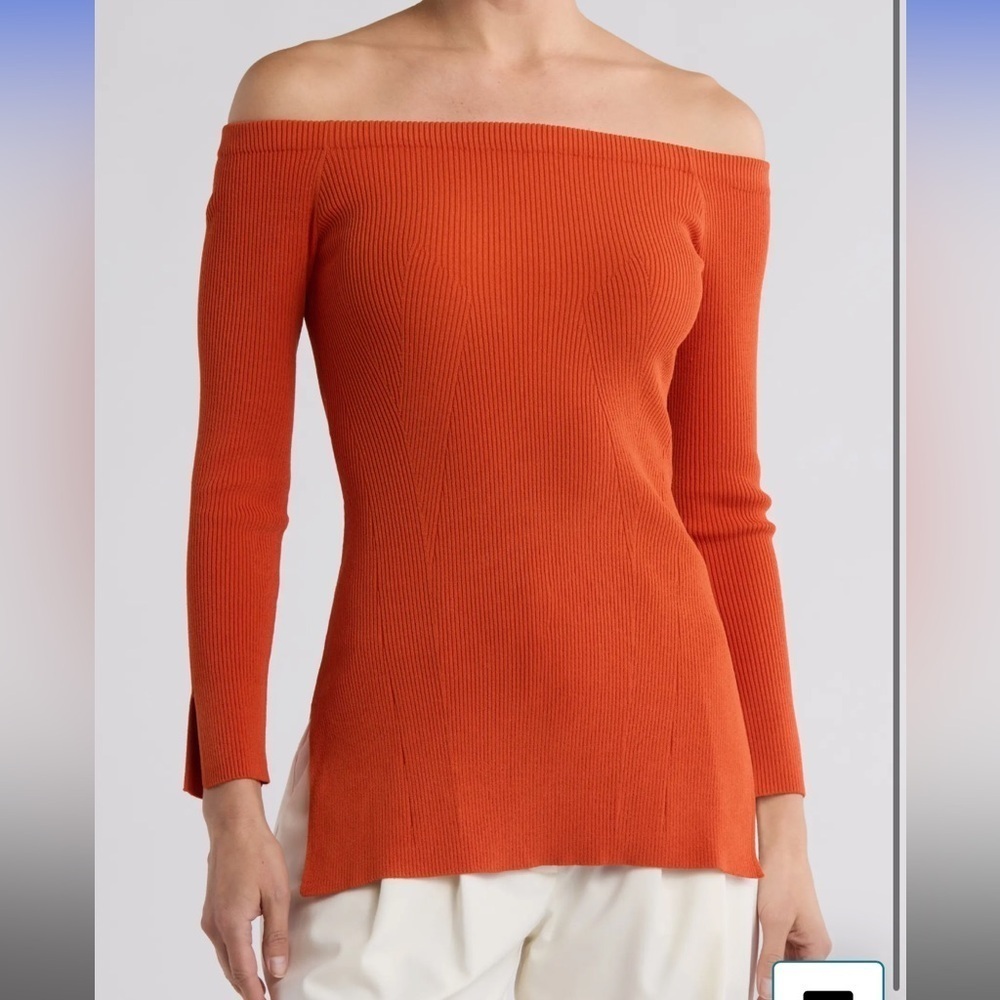 VERONICA BEARD Orange Derick Ribbed Off Shoulder Blouse Size Small